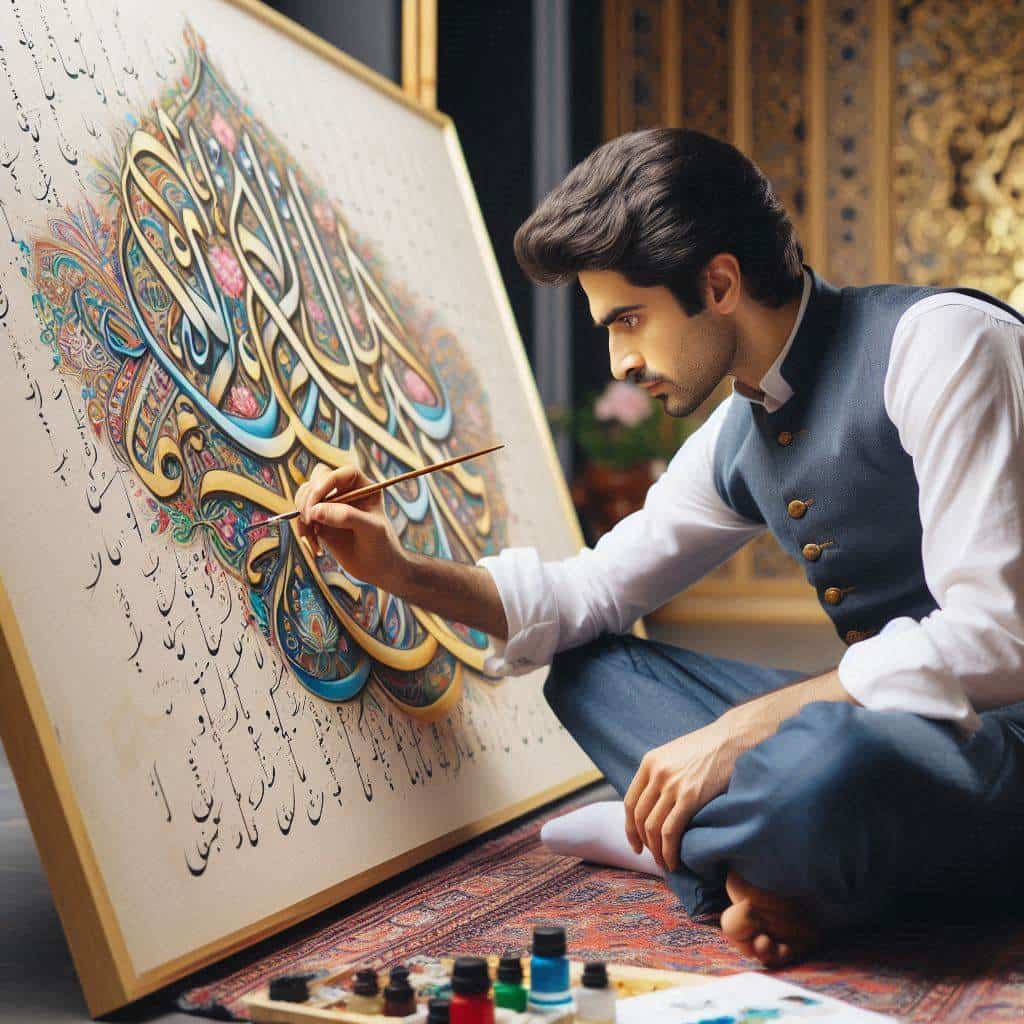 آموزشگاه های خوشنویسی در اصفهان 5 فردی در حال خوشنویسی