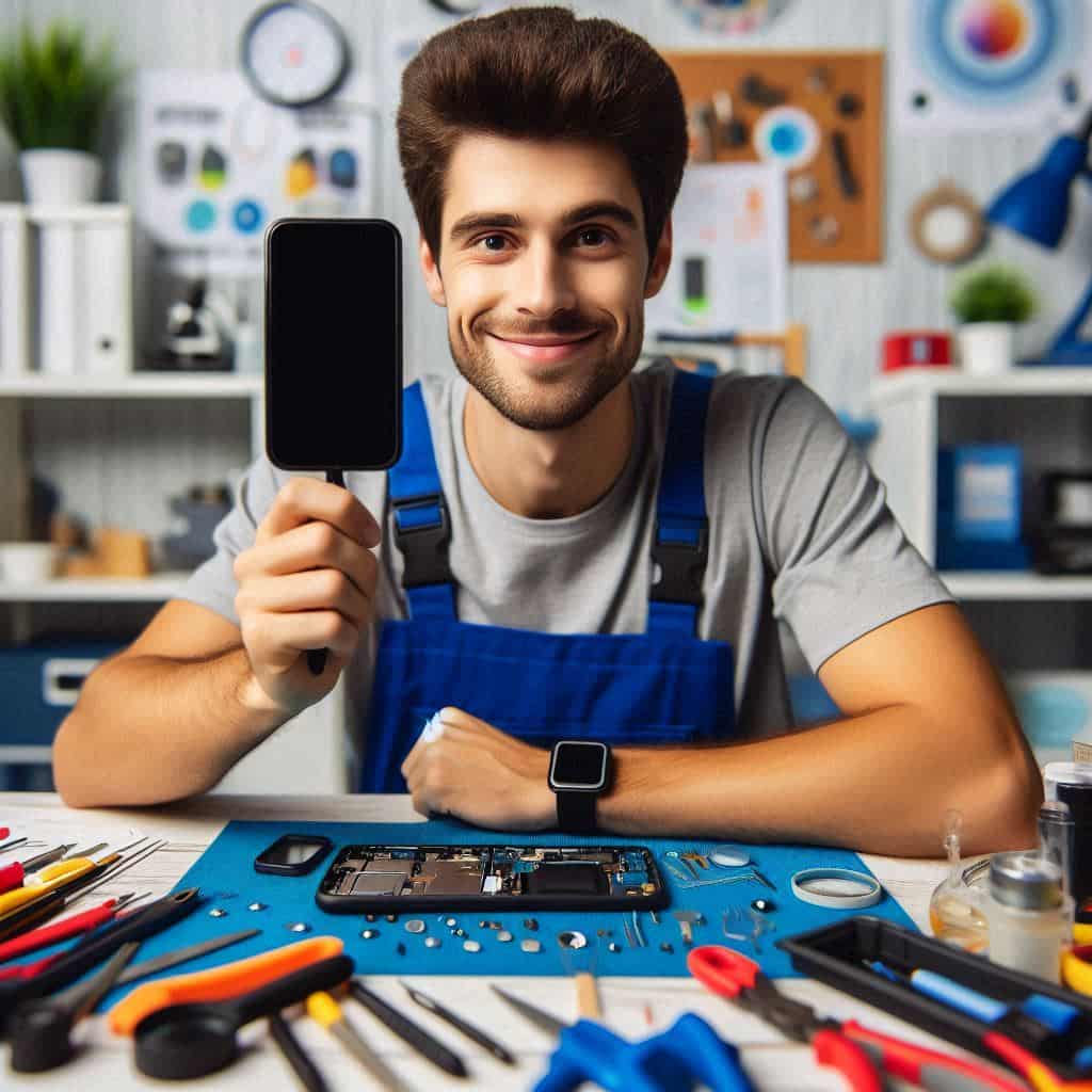 معرفی بهترین مراکز تعمیر موبایل اصفهان 6 فردی در حال تعمیر موبایل